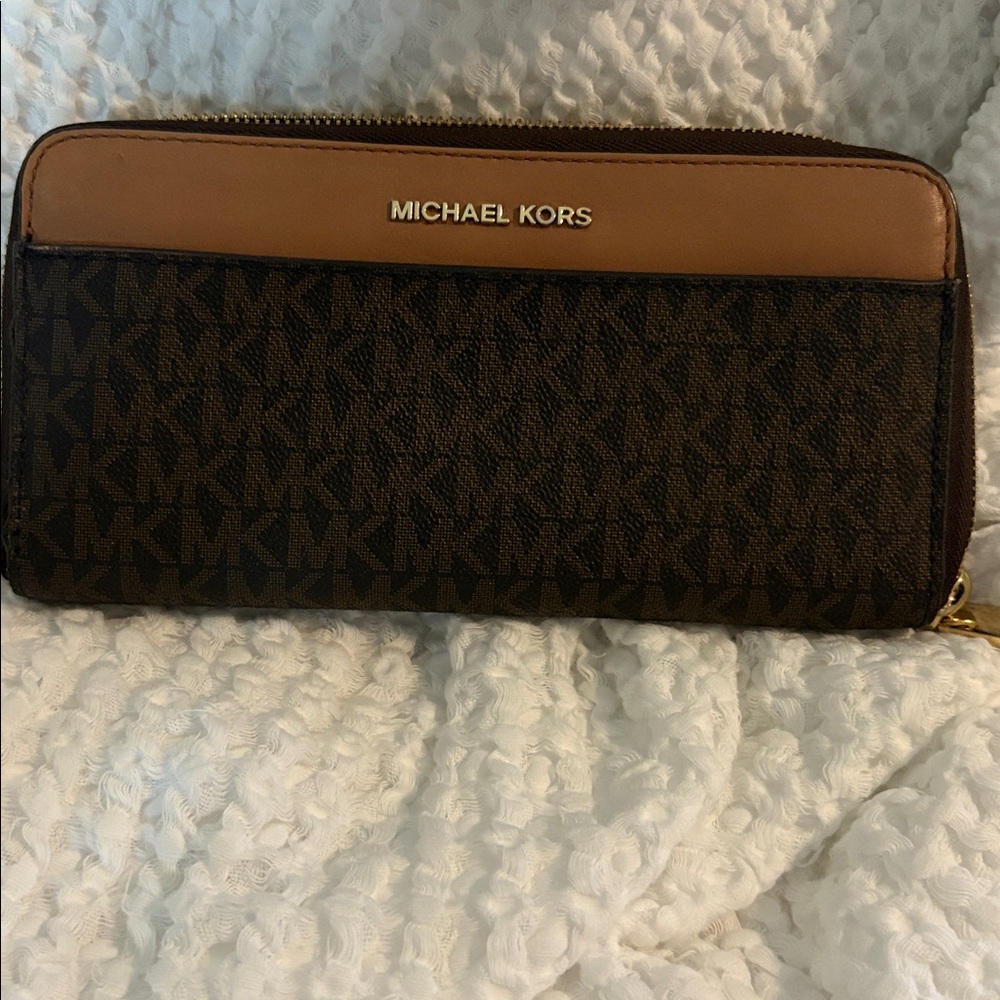 Michael Kors Dark Brown and Tan Zip Wallet